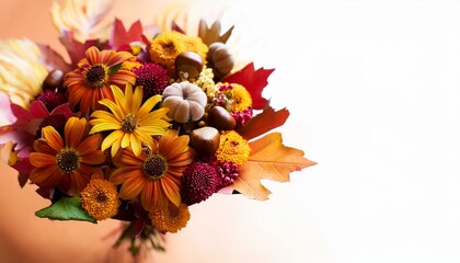 Autumn bouquet of autumn flowers in warm colors with acorns and leaves; fall flower arrangement for thanksgiving