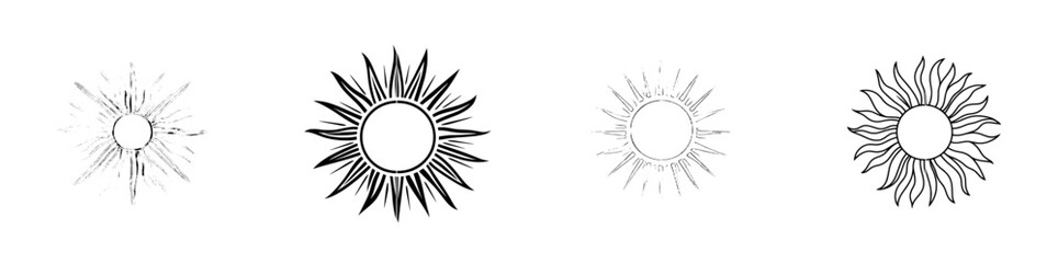 Sun with one black continuous line outlined by light rays. Modern illustration.