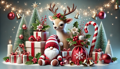 New Year concept in red colors with trees, Santa Claus, gift boxes, candy canes, bells