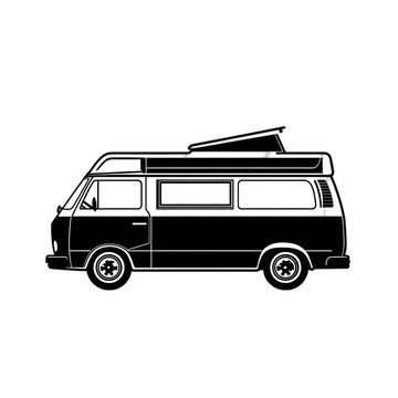 recommend clip art: A black and white silhouette of a vintage van with a roof rack.