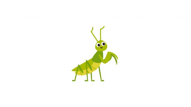 Cute Cartoon Green Praying Mantis on White Background with Happy Expression