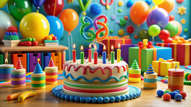 Vibrant colorful toys and learning materials surround a beautifully decorated birthday cake with twenty-one candles representing the third copy of chromosome twenty-one.