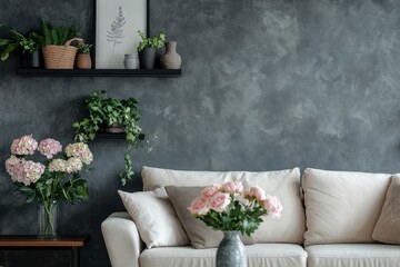 Sofa, decor on shelves, table with flowers in vase and picture on grey wall in interior of living room, ai