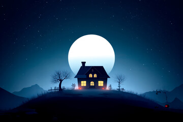 Moonlit house on a hill, surrounded by trees and mountains, peaceful night scene.