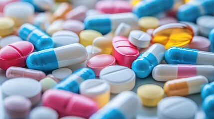 Collection Of Various Medical Tablets And Pills. Assorted pharmaceutical medicine pills, tablets and capsules on table background. Heap of assorted various medicine tablets