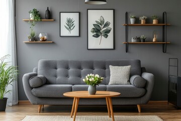 Sofa, decor on shelves, table with flowers in vase and picture on grey wall in interior of living room, ai