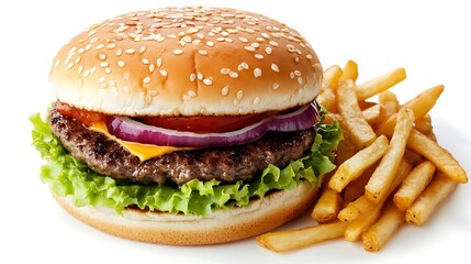 A delicious hamburger with lettuce, tomato, onion, cheese, and a side of crispy fries.