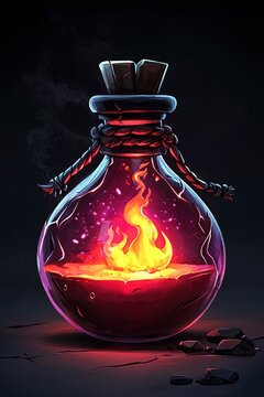 Magical Potion with Burning Flame Inside a Glass Bottle