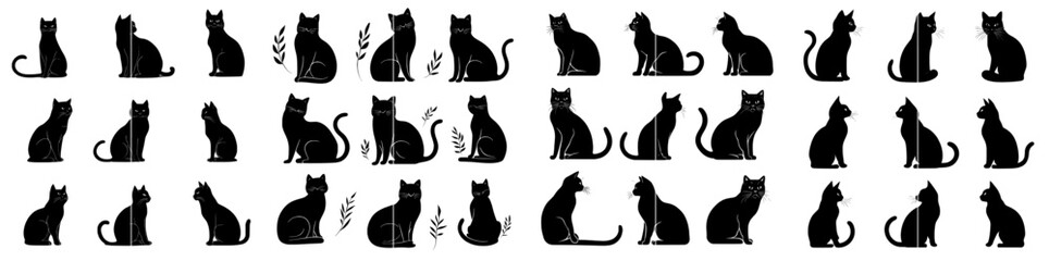 Set of black cat silhouettes. The cats sit, walk, play, and are in a variety of different poses