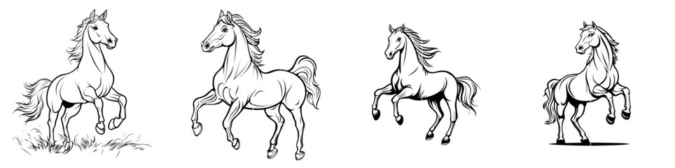 An outline of a black horse rearing on white background. Side view. Curved lines. Coloring page.