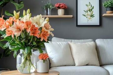 Sofa, decor on shelves, table with flowers in vase and picture on grey wall in interior of living room, ai