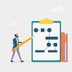 Business plan, step by step. The character is holding a pencil. Modern vector illustration in flat style.	