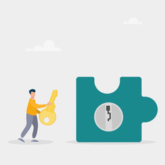 Solve a business problem. A character with a golden key to open the keyhole of a puzzle. Unlock business accessibility. Vector illustration	