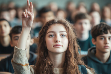 A student raising hand to answer a question in class, pupil with curly hair engaging in a school discussion, attention focused on peers and classroom learning.