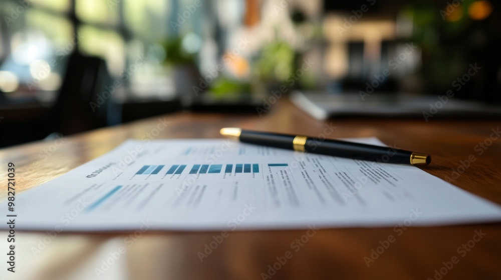 Poster A close-up of a printed financial report with graphs and charts, including line and bar graphs, placed on a wooden desk with a pen.