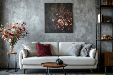 Sofa, decor on shelves, table with flowers in vase and picture on grey wall in interior of living room, ai