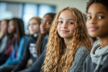 Teenage students in a middle school during a lesson, schoolchildren learning knowledge in class, diverse teens studying together
