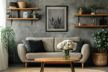 Sofa, decor on shelves, table with flowers in vase and picture on grey wall in interior of living room, ai