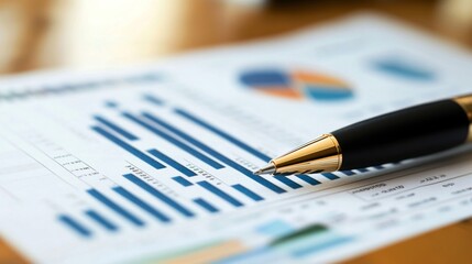 A close-up of a printed financial report with graphs and charts, including line and bar graphs, placed on a wooden desk with a pen.