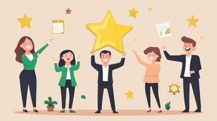 A happy employee proudly holding a golden star award as colleagues applaud, celebrating achievement in a joyful office setting
