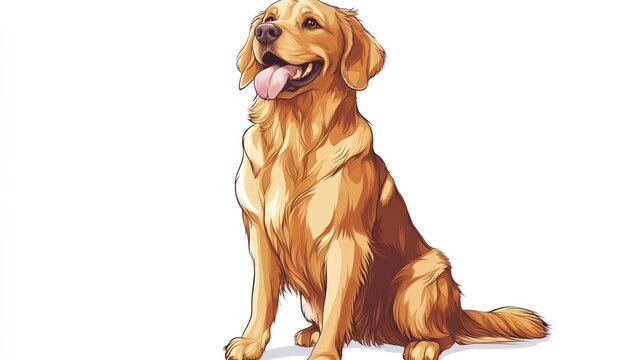 A cartoon drawing of a golden retriever sitting with its tongue out gazing upwards The dog features a brown body set against a white background
