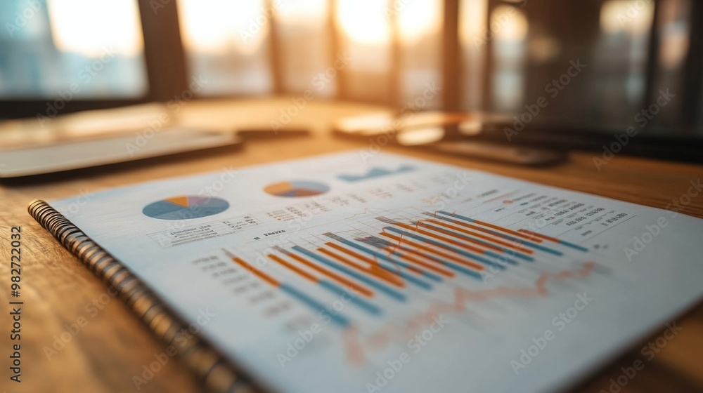 Poster a close-up of a printed financial report with stock market graphs and charts, including line graphs 