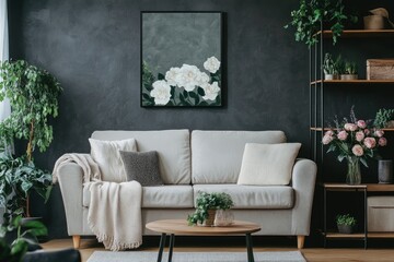 Sofa, decor on shelves, table with flowers in vase and picture on grey wall in interior of living room , ai
