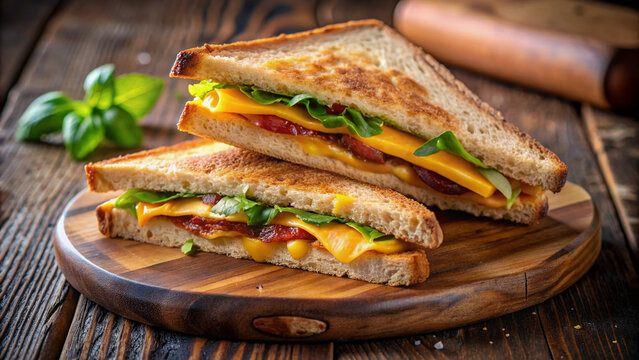 Freshly made triangular wedge sandwich with crispy bacon, melted cheddar cheese, and ripe avocado on toasted whole-grain bread, served on a rustic wooden board.