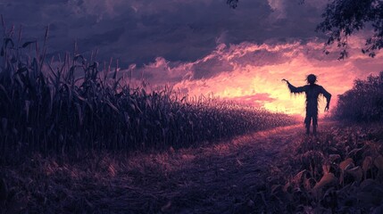 Fototapeta premium A haunting twilight scene in a deserted cornfield, with a scarecrow standing alone, the wind stirring the dry corn stalks, and an eerie silence filling the air.