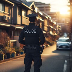 A police officer patrolling the streets of a quiet neighborhood