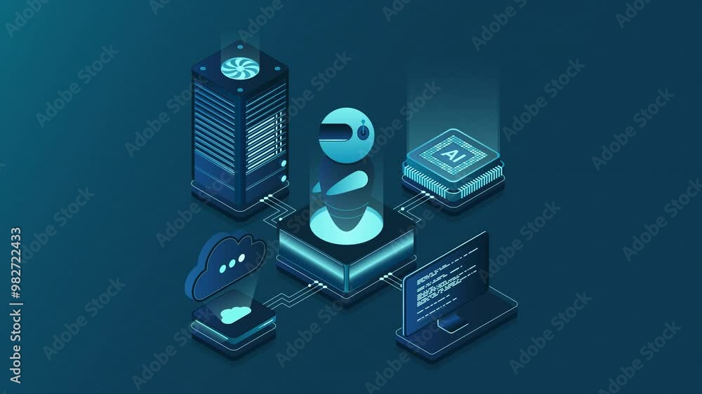 Poster artificial intelligence robot animation. system analysis. big data processing. machine learning tech