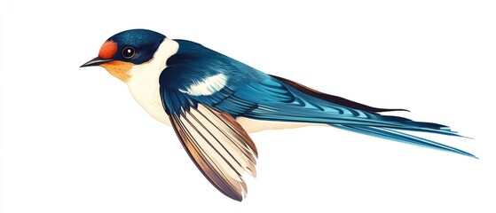Graceful swallow with vibrant plumage depicted in a side view 2D cartoon style against a white background