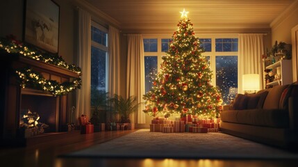 A large, glowing Christmas tree standing proudly in the living room, with the family celebration happening around it, filled with holiday cheer.