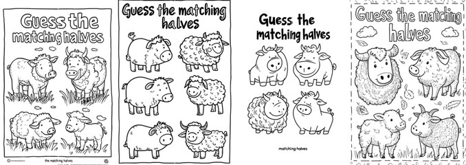 Identify and match black and white farm animals in this activity for preschool kids. This is a heads and tails activity or coloring page with cows, horses, and sheep.