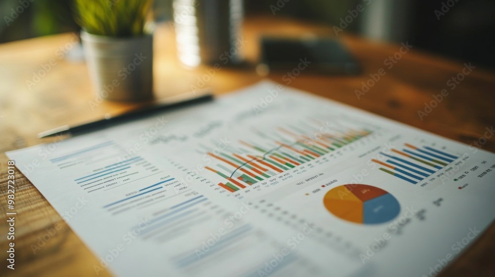 Fototapete A close-up of a printed financial report with stock market graphs and charts, including line graphs and pie charts, placed on a wooden desk.