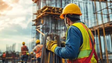 Construction Worker Wearing Yellow Hard Hat and Safety Vest Handling Steel Rebar - Building Site Activity, Scaffolding in Background, Active Construction Scene, Safety Gear, Structural Work, Busy 
