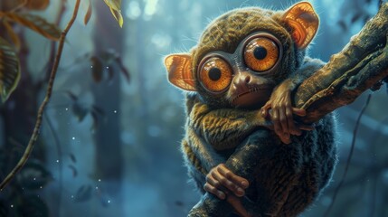 Obraz premium Curious Nocturnal Primate Peeking from Forest Branch in Night Scene