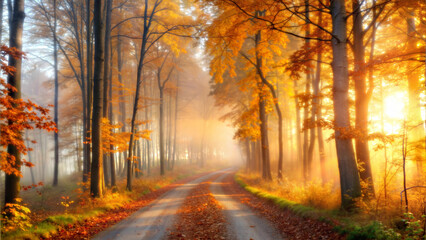 Obraz premium Autumn forest path, tranquil mood, golden leaves, picturesque landscape