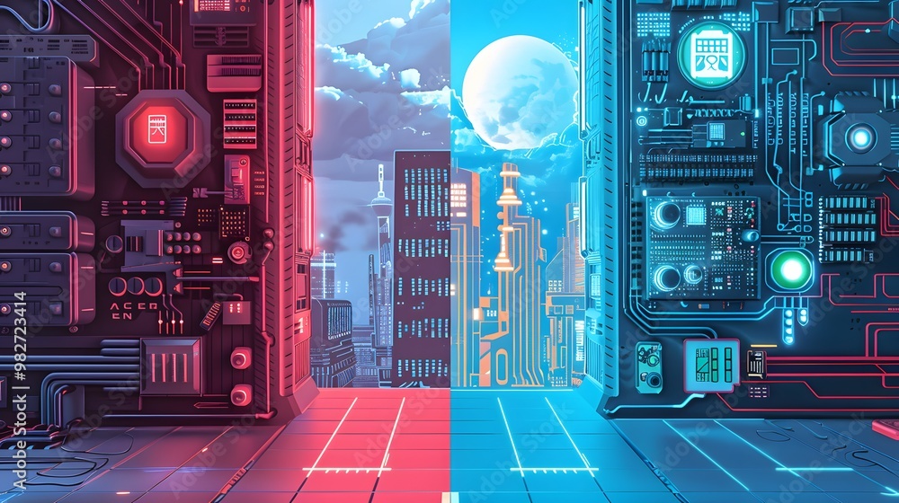 Poster a dual-paneled illustration with one side showing user mode with restricted access and the other sid
