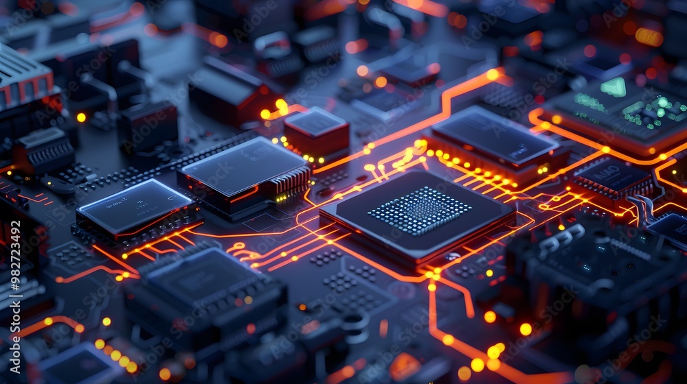 Poster an intricate interface connecting a variety of hardware devices with glowing lines, showing how soft