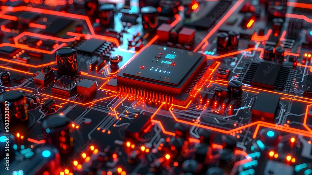 Poster an intricate interface connecting a variety of hardware devices with glowing lines, showing how soft