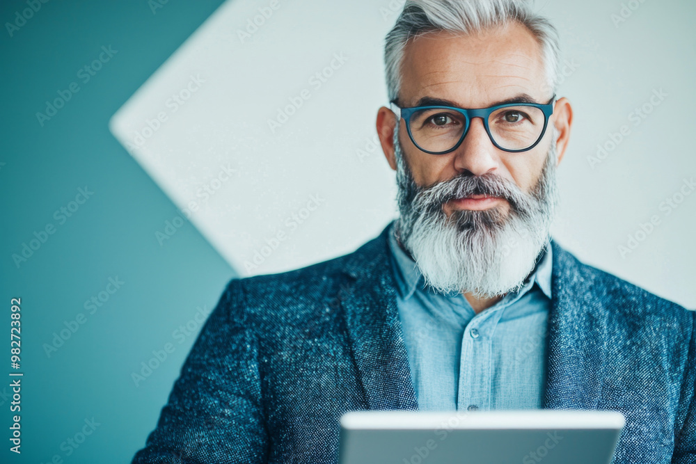 Canvas Prints A middle-aged man with a white beard looks intently at the camera while holding a tablet.