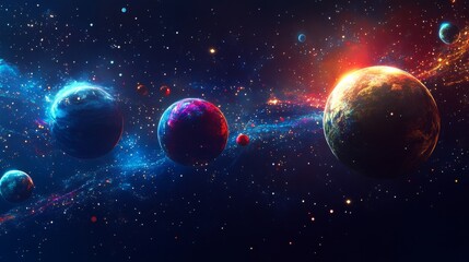 Cosmic background with colorful planets against the glowing stars. Abstract universe cover design....