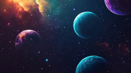 Cosmic background with colorful planets against the glowing stars. Abstract universe cover design. Starry night sky with fallen star. Deep cosmos. Black outer space