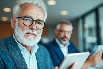 Fototapeta premium Senior businessman looks thoughtfully at the camera as he holds a tablet in a meeting.
