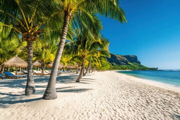 Paradise beach resort with palm trees and and tropical sea in Mauritius island. Summer vacation and tropical beach concept. Sandy beach with Le Morne beach on Mauritius island. Tropical landscape, ai