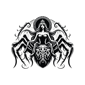 arachne creature with victorian flourish decoration in black and white illustrations, cutout graphic black and white illustration