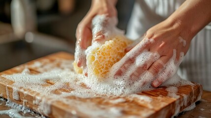 Hands scrubbing a wooden cutting board with soap and sponge, close-up of the texture and cleaning action.