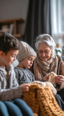 A woman is knitting a scarf while two children sit next to her