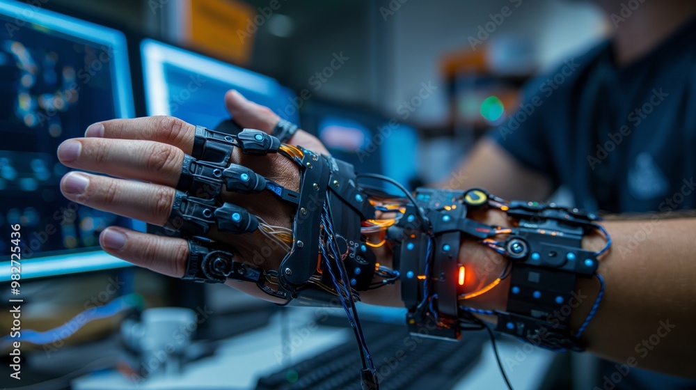 Poster advanced robotic glove with sensors used for precision control in a tech-filled lab.